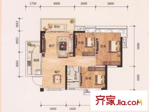 盛南新都1座90平方米B户型 3室2厅1卫1厨