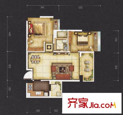 增城雅居乐御宾府户型图7座02单位 2室2厅1卫1厨