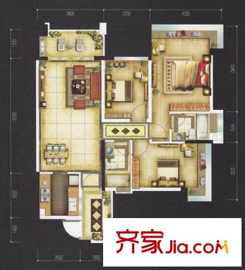 增城雅居乐御宾府户型图7座03单位 3室2厅2卫1厨