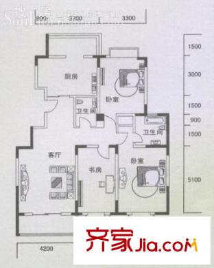 虹畔馨苑戶型圖E1戶型標(biāo)準(zhǔn)層 3室1廳2衛(wèi)