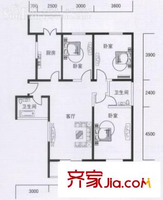 虹畔馨苑戶型圖6/8號(hào)樓1門03 3室1廳2衛(wèi)