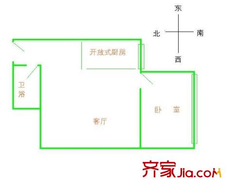 富力院士庭一期户型图1室1厅户型图 1室1厅1卫1厨