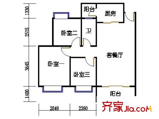 富力院士庭一期户型图3室2厅户型图 3室2厅1卫1厨