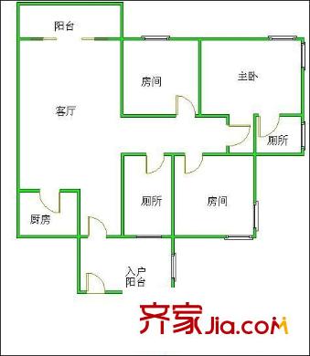 富力院士庭一期户型图3室1厅户型图 3室1厅2卫1厨