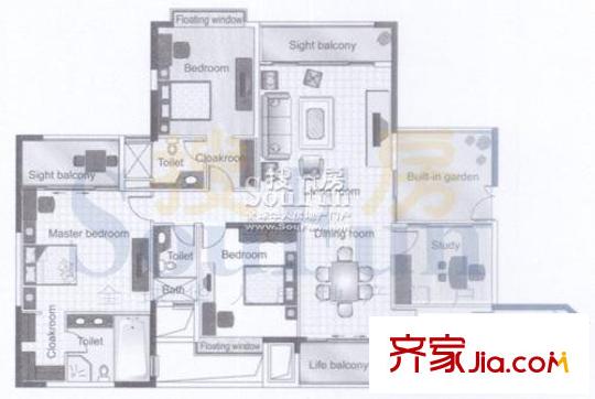 保利康桥户型图4房2厅 4室2厅3卫1厨