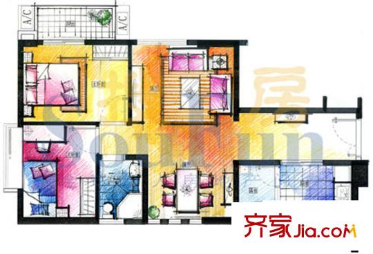 倾城时代户型图南塔 三房二厅 户型图 3室2厅1卫1厨