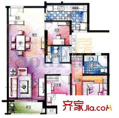 倾城时代户型图南塔 三房二厅 户型图 3室2厅2卫1厨