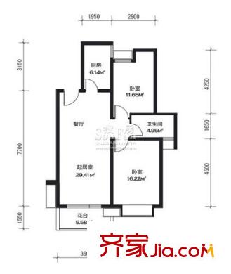 水岸江南戶(hù)型圖sofa6#C戶(hù)型奇數(shù)層 2室2廳1衛(wèi)1廚