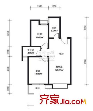 水岸江南戶(hù)型圖sofa6#D戶(hù)型奇數(shù)層 2室2廳1衛(wèi)1廚