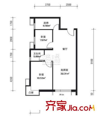 水岸江南戶(hù)型圖sofa6#B戶(hù)型偶數(shù)層 2室2廳1衛(wèi)1廚