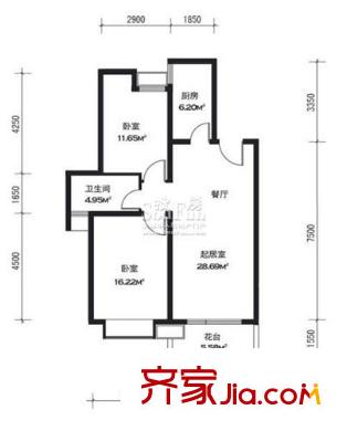 水岸江南戶(hù)型圖sofa6#D戶(hù)型偶數(shù)層 2室2廳1衛(wèi)1廚