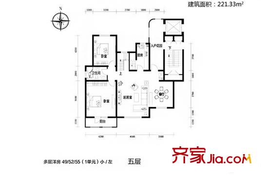 吉寶沁風(fēng)御庭多層洋房1單元躍層5層（小/左）戶(hù)型 4室2廳3衛(wèi)1廚