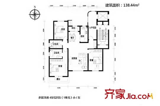 吉寶沁風(fēng)御庭多層洋房1單元標(biāo)準(zhǔn)層4層（小/左）戶(hù)型 3室2廳2衛(wèi)1廚