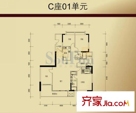 嘉裕丹顿阳光户型图C座01单元 5室2厅2卫1厨