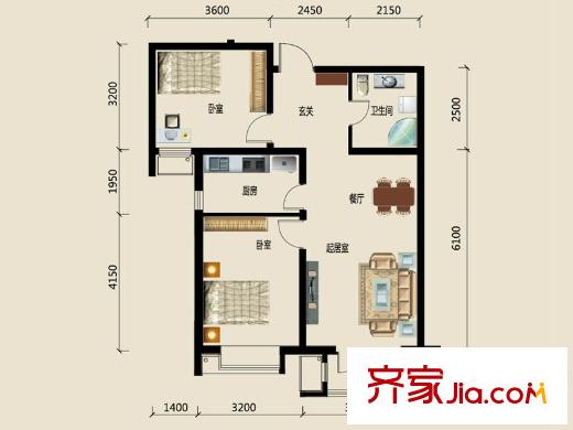 中鐵濱海欣城4號樓標準層A-01戶型 2室2廳1衛(wèi)1廚