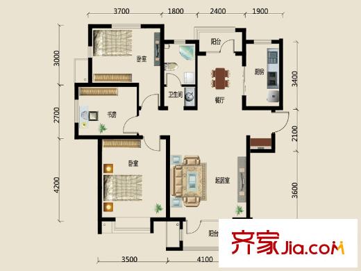 中鐵濱海欣城6號樓標準層E-01戶型 3室2廳1衛(wèi)1廚