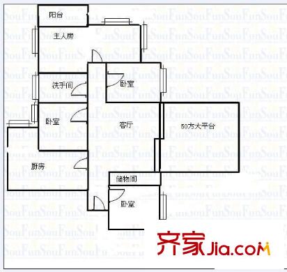 华港花园沁园春户型图4室1厅户型图 4室1厅1卫1厨