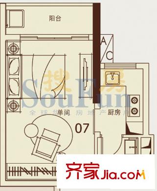 珠光高派户型图07户型 1室1厅1卫1厨