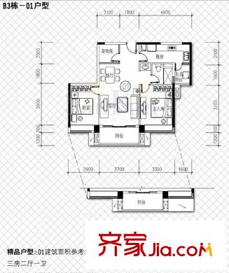 尚东峰景户型图B3栋01单元 3室2厅1卫