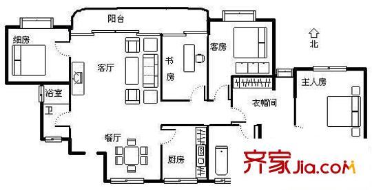 自由心岸户型图4室2厅户型图 4室2厅2卫1厨
