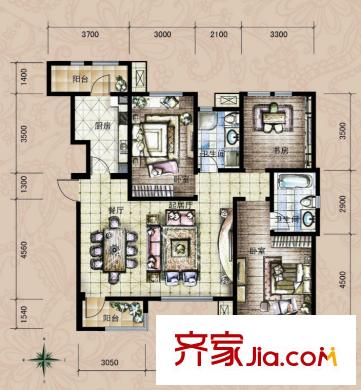 世嘉洋房37、38、39、41號樓四、五層H5戶型 3室2廳2衛(wèi)1廚
