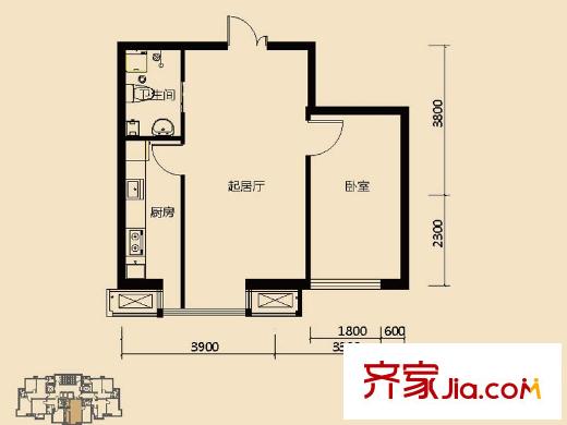 狀元城一期小高標(biāo)準(zhǔn)層C戶型（售罄） 1室1廳1衛(wèi)1廚