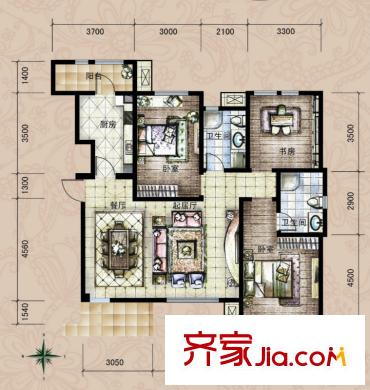 世嘉洋房37、38、39、41號樓三層H4戶型 3室2廳2衛(wèi)1廚