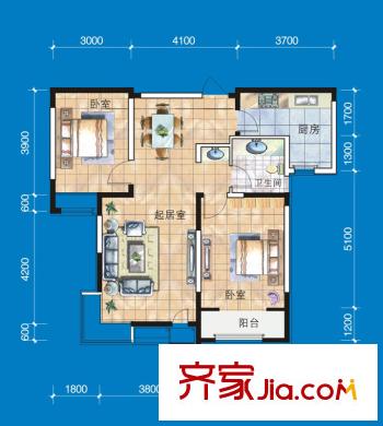 溪谷港灣一期36號樓標(biāo)準(zhǔn)層2室戶型 2室2廳1衛(wèi)1廚