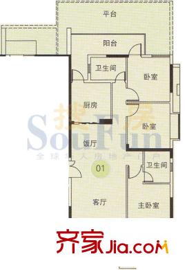 珠江都荟户型图A3栋2层01单位 3室2厅2卫1厨