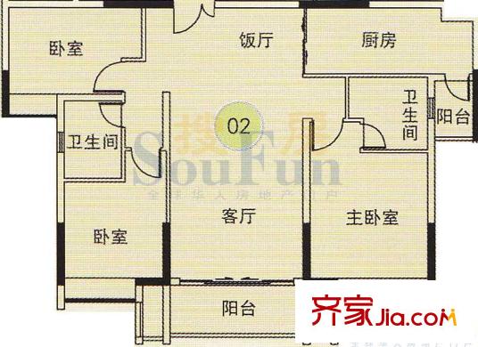 珠江都荟户型图A3栋8-29层02单位 3室2厅2卫1厨