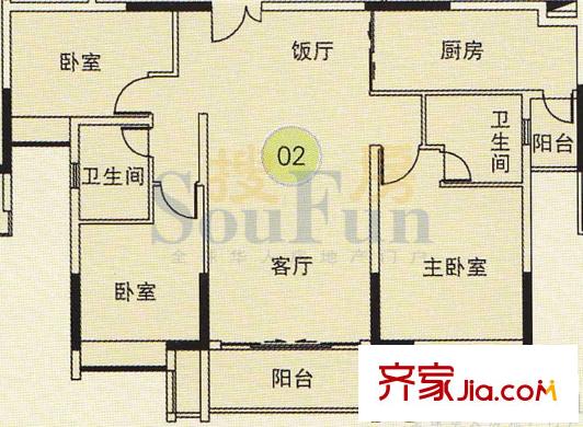 珠江都荟户型图A3栋3-7层02单位 3室2厅2卫1厨