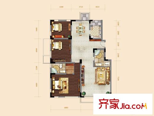 71墅洋房4、11號(hào)樓標(biāo)準(zhǔn)層三室戶型 3室2廳2衛(wèi)1廚