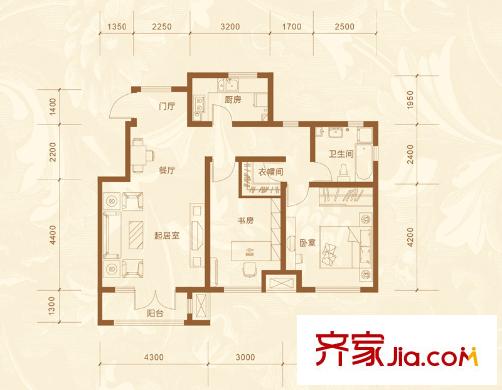 亞泰瀾公館洋房標(biāo)準(zhǔn)層YA-4戶型 2室1廳1衛(wèi)1廚