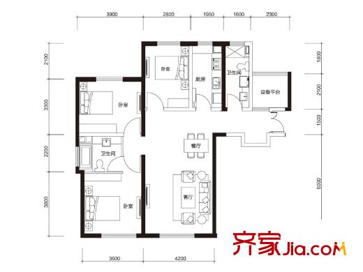 中國塘高層標準層C1戶型 3室2廳2衛(wèi)1廚