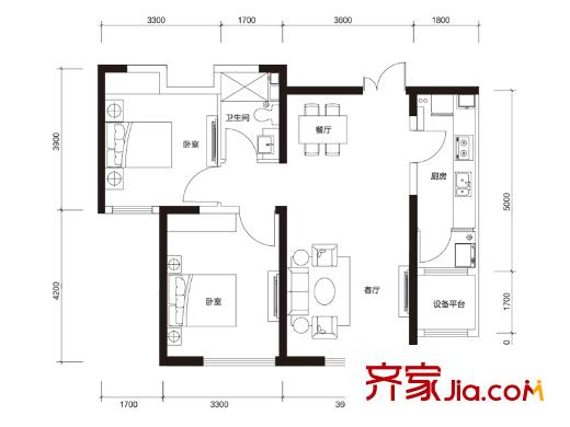 中國塘高層標準層C2戶型 2室2廳1衛(wèi)1廚