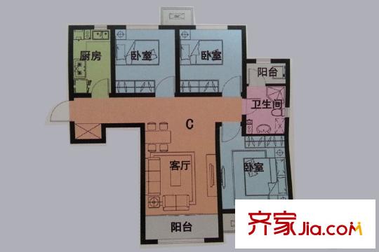福升園二期高層標準層C戶型 3室1廳1衛(wèi)1廚