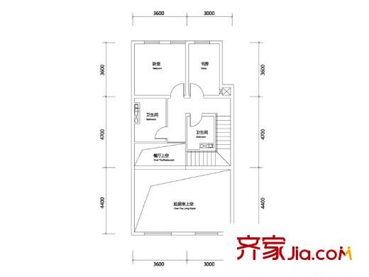 天津富力新城一期疊拼別墅下疊中戶(hù)標(biāo)準(zhǔn)層B戶(hù)型二層 3室3廳3衛(wèi)1廚