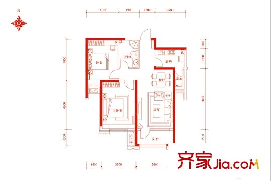 中鐵諾德名苑小高層13號(hào)樓標(biāo)準(zhǔn)層E戶型 2室2廳1衛(wèi)1廚