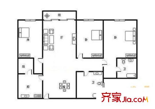 新康花园户型图3室2厅户型图 3室2厅2卫1厨
