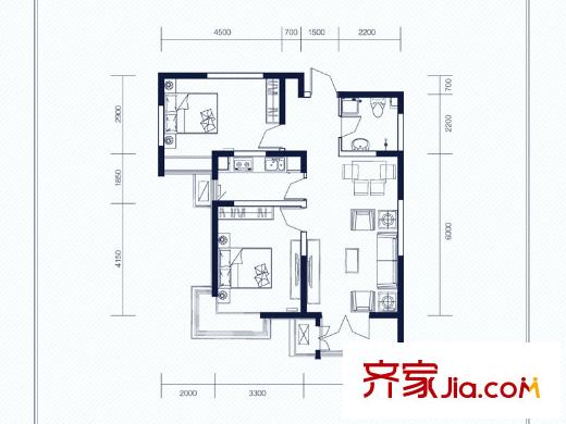 建投觀海高層1、3、5、7、9號樓標(biāo)準(zhǔn)層C2戶型 2室2廳1衛(wèi)1廚