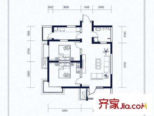 建投觀海高層1、2、6號樓標(biāo)準(zhǔn)層A1戶型 2室1廳1衛(wèi)1廚