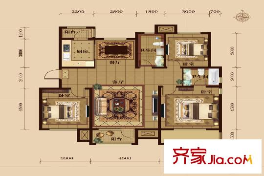 美域?yàn)懺坊▓@洋房標(biāo)準(zhǔn)層三室戶型 3室2廳2衛(wèi)1廚