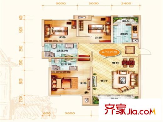 喜蜜灣高層標(biāo)準(zhǔn)層B1戶型 3室2廳2衛(wèi)1廚