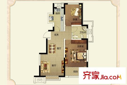 旭輝瀾郡洋房標(biāo)準(zhǔn)層90平米2室戶型 2室2廳1衛(wèi)1廚