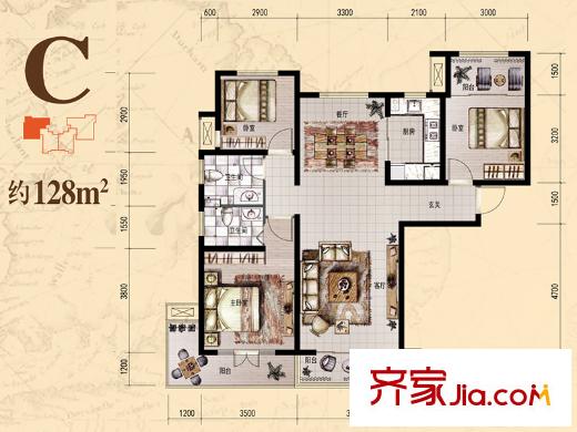 力高陽光海岸一期高層標準層C戶型 3室2廳2衛(wèi)1廚