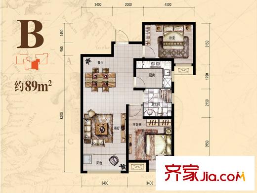 力高陽光海岸一期高層標準層B戶型 2室2廳1衛(wèi)1廚