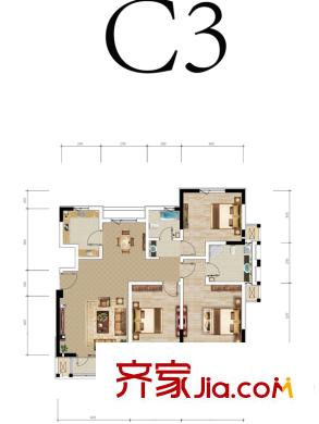 福源九方洋房標(biāo)準(zhǔn)層C3戶(hù)型 3室1廳1衛(wèi)1廚