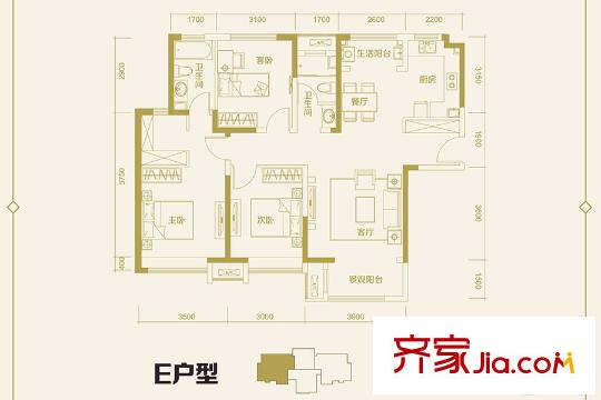 寶龍城高層標(biāo)準(zhǔn)層E戶型 3室2廳2衛(wèi)1廚