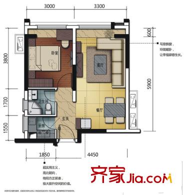 佛山华强广场3座06单位 约56平方米 1室2厅1卫1厨
