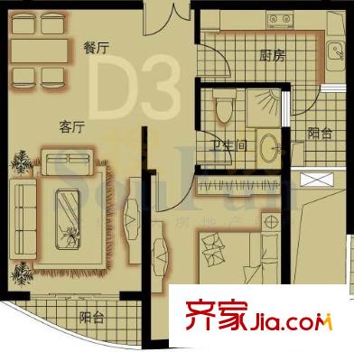 芳草轩户型图1室2厅户型图 1室2厅1卫1厨